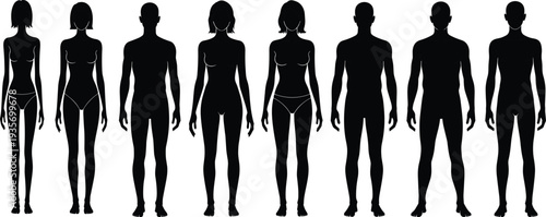 Male and female human body silhouettes standing front view, anatomy proportion reference figures collection isolated on white background