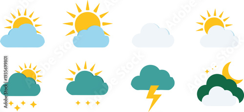Weather icons, sun, cloud, moon, stars, lightning, forecast symbols, climate illustration, meteorology design, day night conditions, vector set