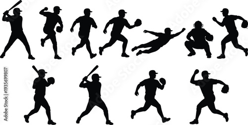 Collection of baseball player silhouettes showing batting, pitching, catching, throwing and diving actions, professional sport athlete poses isolated for sports design, 