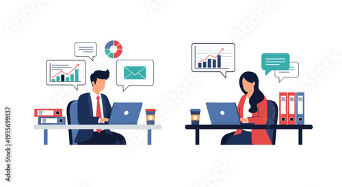 Business professionals working on laptops at separate desks with financial charts email icons and data analysis visuals.