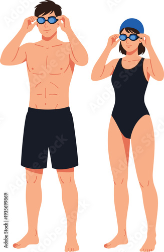 Man and woman in swimwear putting on goggles swimming