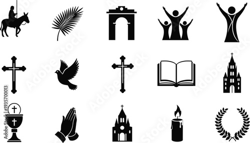 Collection of Christian religious icons including cross church dove bible praying hands candle palm branch communion chalice cathedral and worship symbols silhouette set