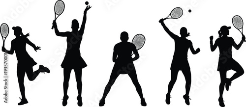Tennis player silhouettes collection serving and hitting ball, female athletes with racket sport action poses isolated on white background