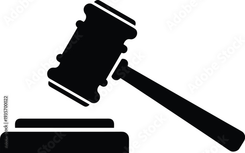 Minimal vector silhouette, classic gavel with sound block, solid black, isolated on white.