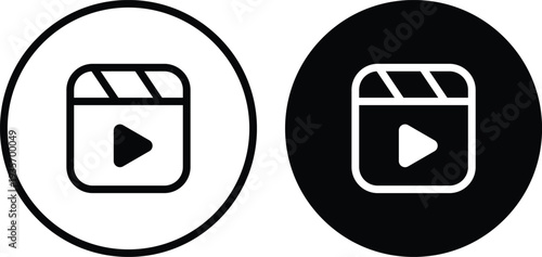 Black and white play buttons with strip in circles media