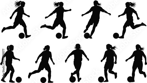 Women soccer player silhouettes collection dribbling football ball, female athlete running action poses, sport activity vector set isolated