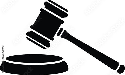 Minimal vector silhouette, classic gavel with sound block, solid black, isolated on white.
