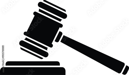 Minimal vector silhouette, classic gavel with sound block, solid black, isolated on white.