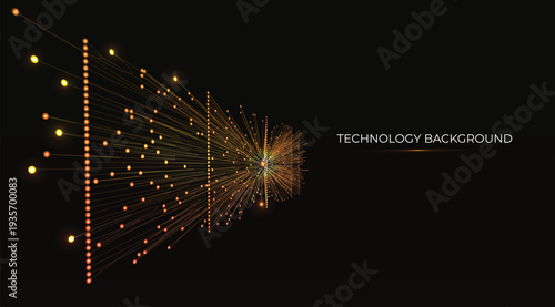 Futuristic fiber optic threads form an elegant infinite light panel of multiple pulsing lines, creating mesmerizing depth vanishing into a glowing bright Orange universe galaxy. Flares, Technology