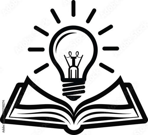 An illustration of a lightbulb sitting on an open book with rays of light emanating from it symbolizing knowledge and ideas