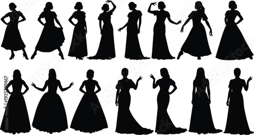 Collection of elegant women silhouettes in long evening gowns and fashionable poses, stylish female fashion model figures isolated for glamour, beauty, apparel design illustration set