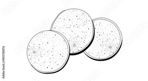 Three round textured objects with speckled patterns drawn in a simple sketch style representing coasters stones or biscuits.