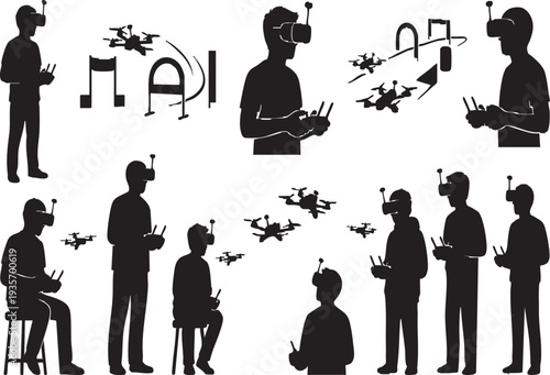 Vector Silhouettes of FPV Drone Pilots and Racing Quadcopters Icon Set