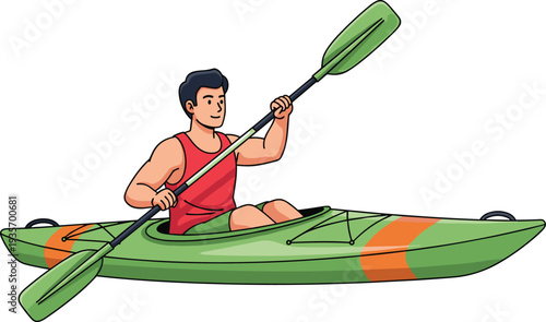 Man in red shirt paddling green and orange kayak with black and green paddle