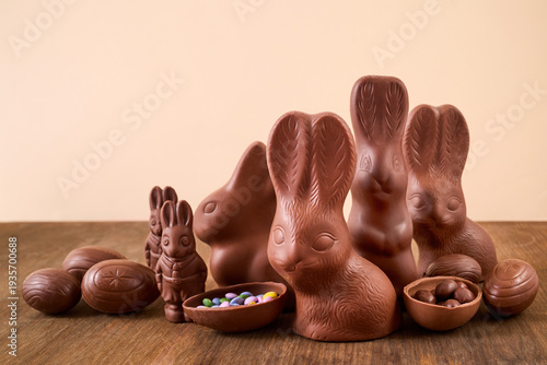 Chocolate bunnies and easter eggs on wood surface