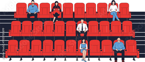 Diverse people sitting in red cinema or theater chairs with empty seats for social distancing and pandemic safety