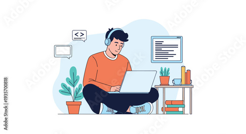 Student with headphones working on a laptop at home surrounded by plants books and desk accessories for online education.