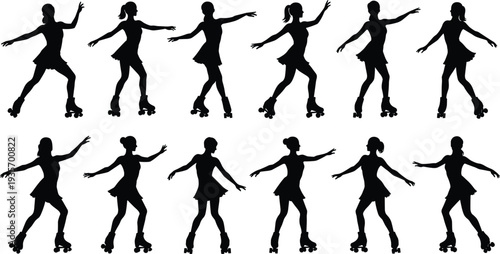Collection of female roller skating silhouettes in dynamic poses, retro style vector illustration set featuring active women skaters, sport motion figures isolated for design