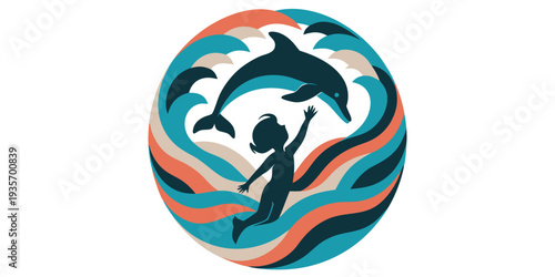 A girl swims with dolphins within a colorful circular ocean design