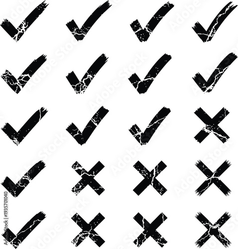 Distressed Grunge Checkmarks and Crosses Vector Icons