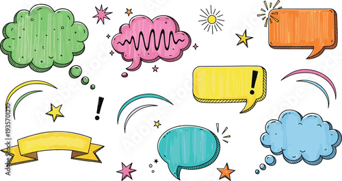 Hand drawn speech bubbles doodle collection with comic clouds banners stars and exclamation marks colorful sketch style vector illustration set