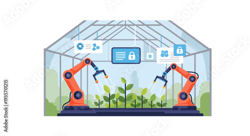 Modern robotic arms tend plants in a smart farm greenhouse with urban technology and green design elements