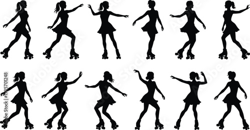 Collection of female roller skating silhouettes showing dynamic dance poses retro style skater figures in motion sporty girl skating icons isolated for design projects