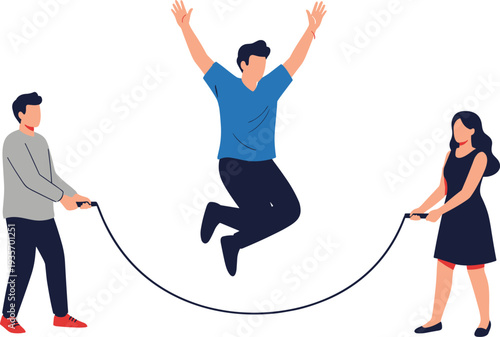Man jumping over rope held by two people woman skipping