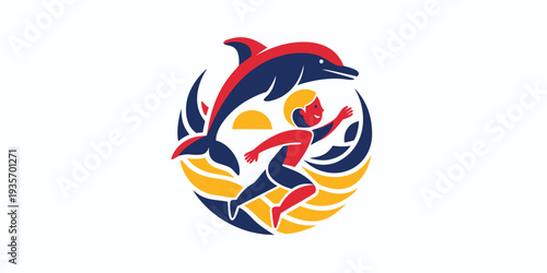 A stylized logo featuring a dolphin swimmer and sunburst design