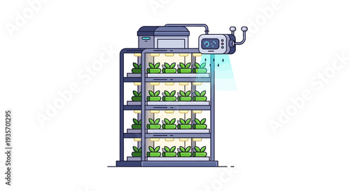 Modern smart farming technology illustration with drone and urban design for business and green plant cultivation in a vertical farm