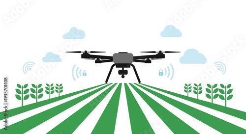 Modern farming illustration of a drone flying over green crops with blue clouds and Wi-Fi signals in a smart farming technology field