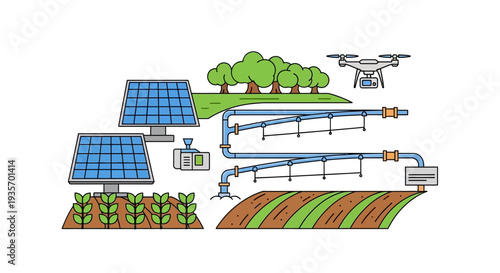 Modern farming illustration of smart farming technology with solar panels, drone, and irrigation system in a green landscape, showcasing urban agriculture and business design