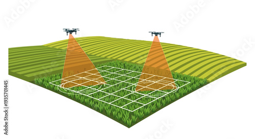 Modern farming illustration of a smart farm with drone technology and green plants in an urban design for business and agrotech applications