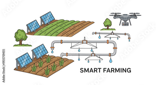 Modern smart farming illustration with drone, solar panels, and irrigation system for efficient urban agriculture and business technology