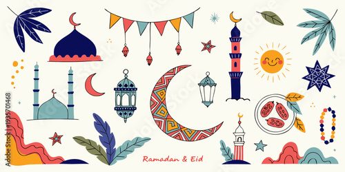 Islamic doodle element. Set of hand drawn symbols and icons for holy Muslim festival ramadan, Eid .vector icon
