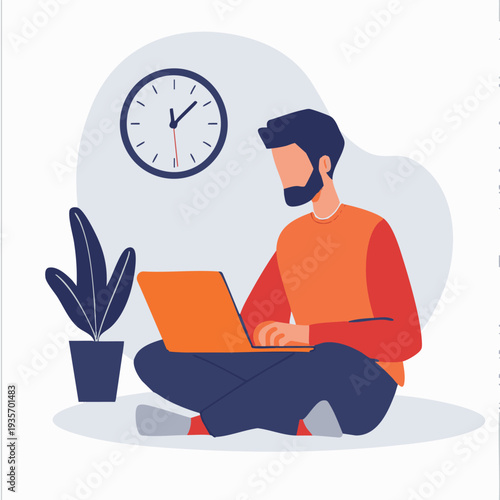 Man working with laptop and clock, time management and productivity concept illustration