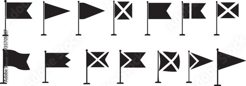Collection of various black flags on poles in different positions and designs