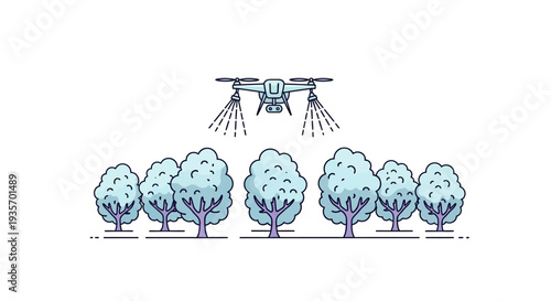 Modern farming illustration of a drone flying over trees with smart farming technology for urban agriculture and green plant cultivation