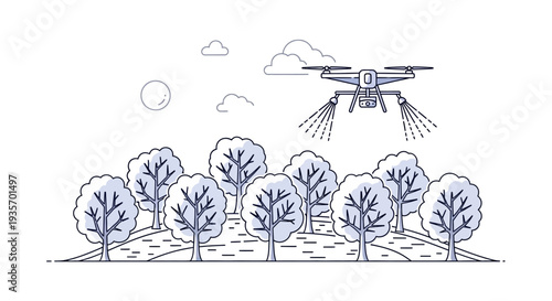 Modern farming illustration of a drone flying over trees and a field with smart farming technology