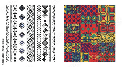 Two vibrant textile patterns monochrome and colorful geometric designs