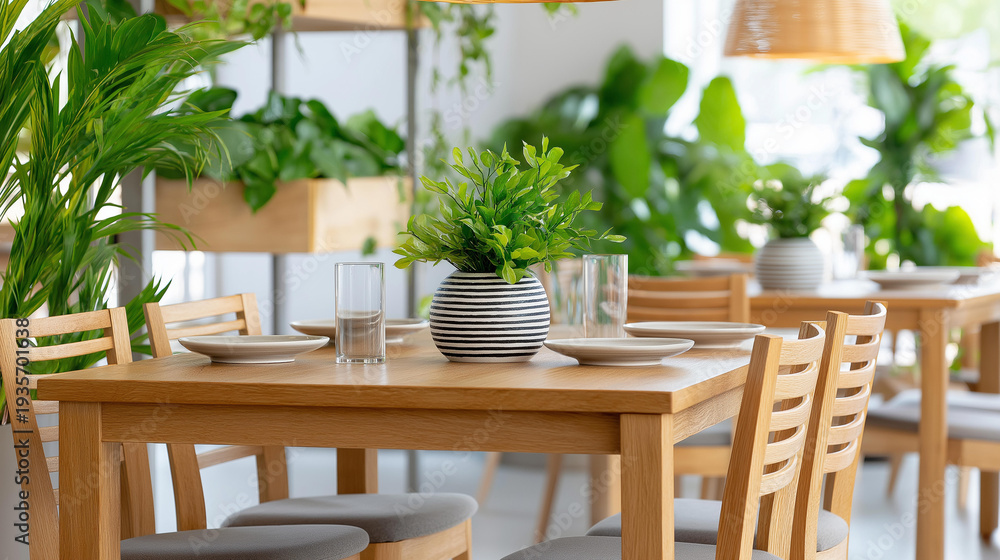 Obraz premium Modern vegan restaurant interior healthy dishes table, eco-friendly cafe design lush green plants, wooden furniture bright sustainable dining space, organic food visualization,