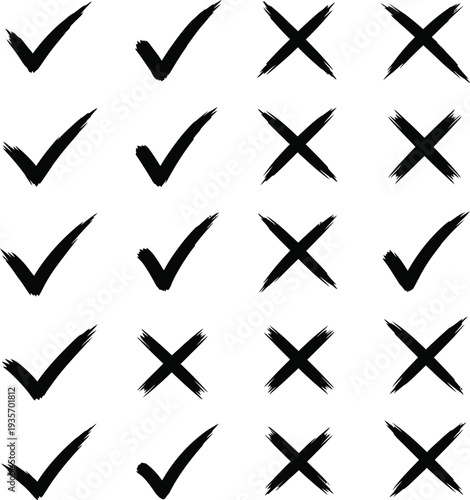 Diverse Brush Stroke Checkmarks and Crosses Symbols