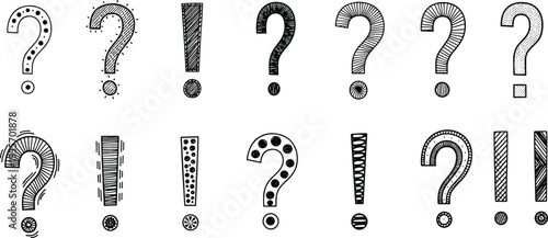 Hand drawn question mark and exclamation mark symbols collection, doodle punctuation marks set with decorative patterns sketch style vector illustration