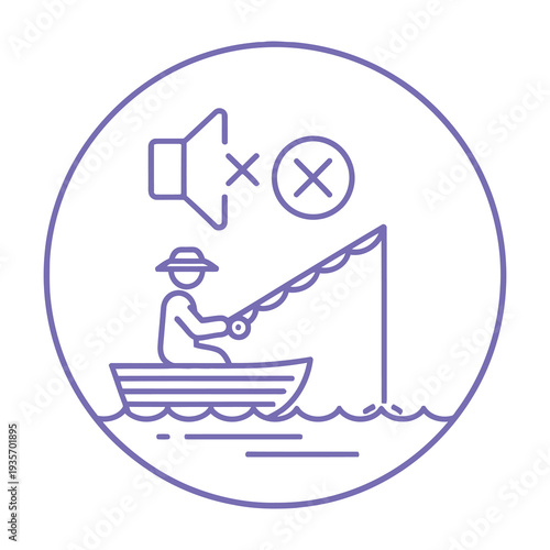 Fisherman silhouette fishing in boat with muted sound symbols above