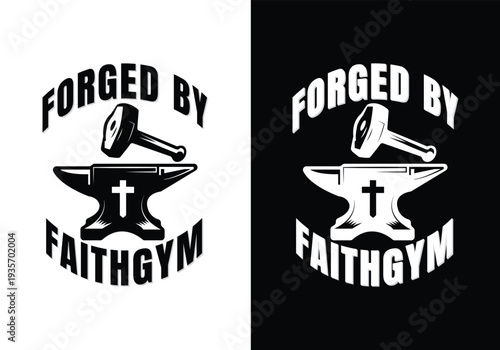 Forged By Faith Gym logo design featuring anvil, hammer, and Christian cross symbol with bold vintage typography, strong fitness and faith concept branding for gym, strength training, and Christian fi