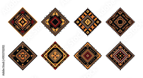 Collection of ornate geometric diamond shaped tribal patterns on white background