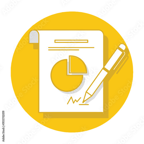 Pie chart and pen on paper in bright yellow circle for business analytics