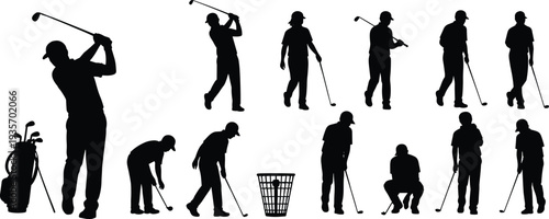 Collection of golf player silhouettes showing swing, putting, walking and practice poses with clubs and golf bag isolated for sports design, logo and illustration use