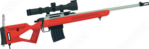 Sniper rifle vector illustration with long barrel, red and black stock, mounted scope, detachable magazine, tactical firearm design, precision shooting, military weapon concept