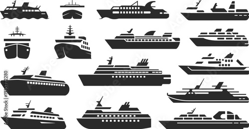 Silhouettes of ships and boats vector illustration, maritime vessel collection, cruise ship, yacht, ferry, catamaran designs, naval architecture, transportation, recreational boating graphics